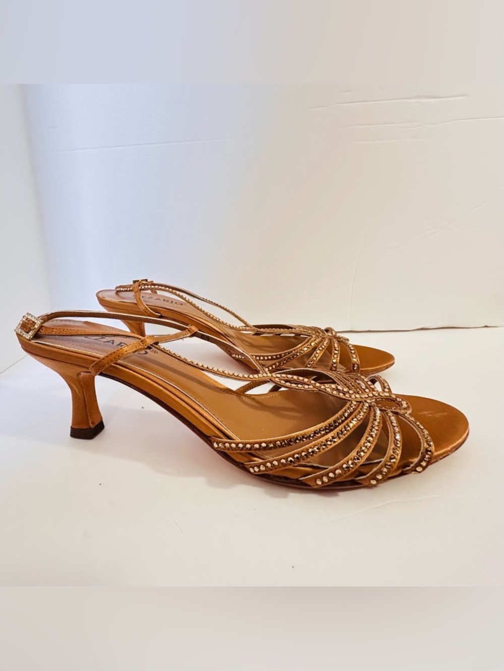 Crystal-Strap Tan Slingback Heeled Sandals